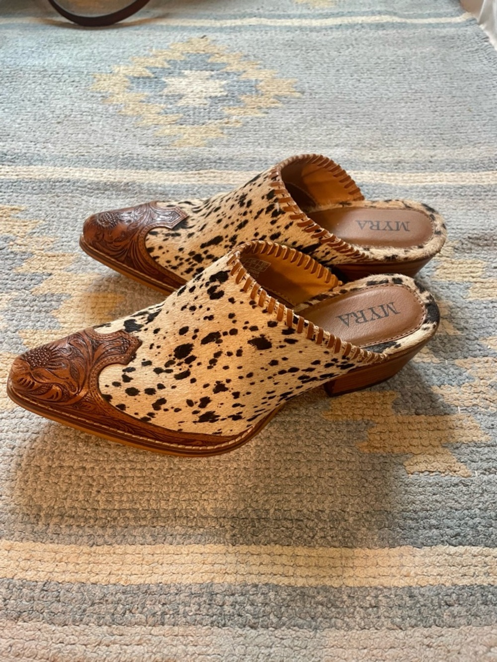 Myra Bag Tan and Black Spotted Hair-On Leather Mule with Tooled Toe